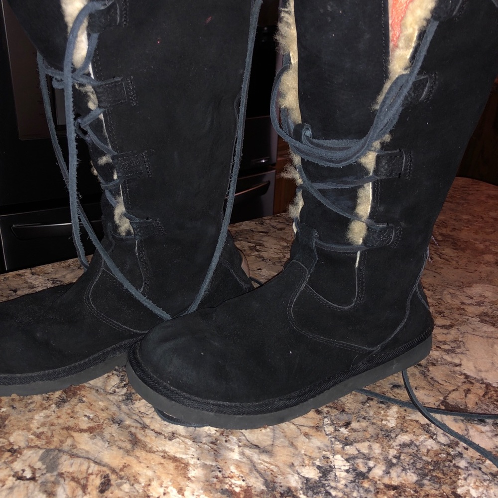 UGG Black Lace Up Boots with Cream Accents